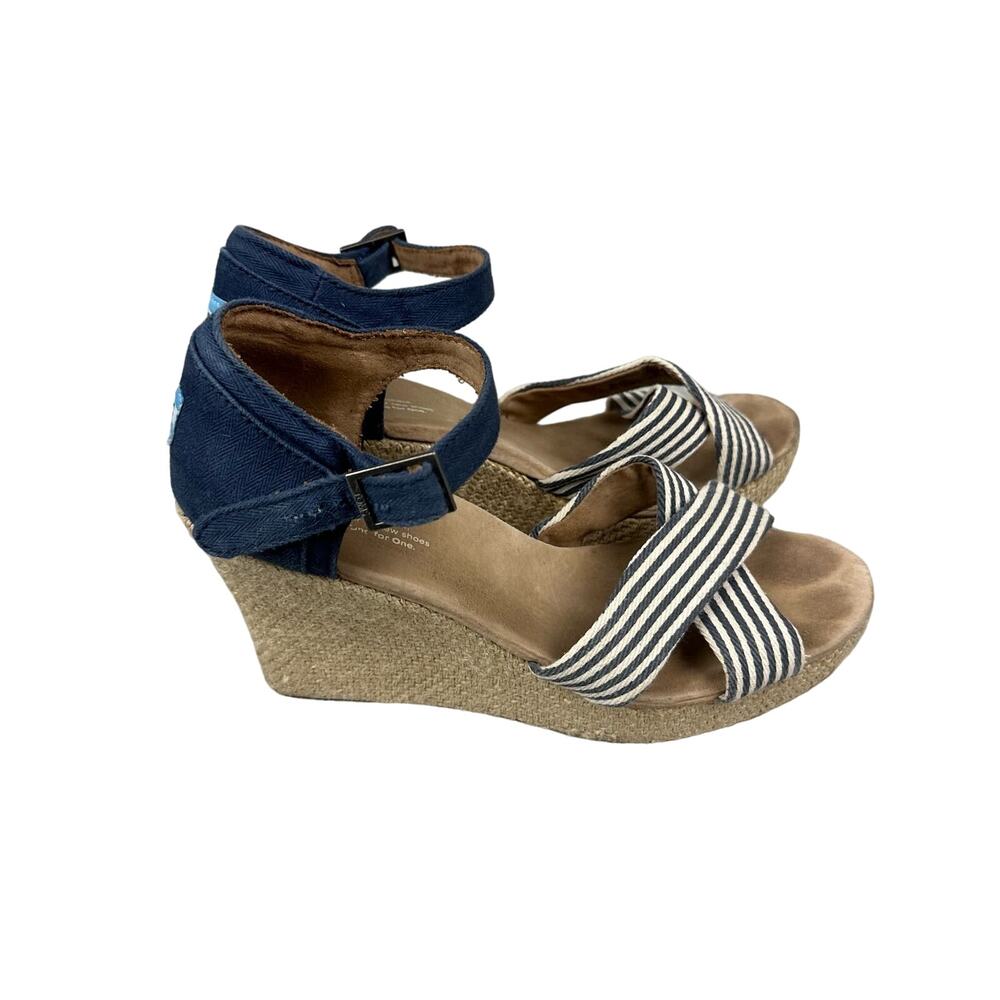 TOMS Wedge Sandals‎ Womens 9.5 Navy Blue White Striped Good Espadrille Canvas